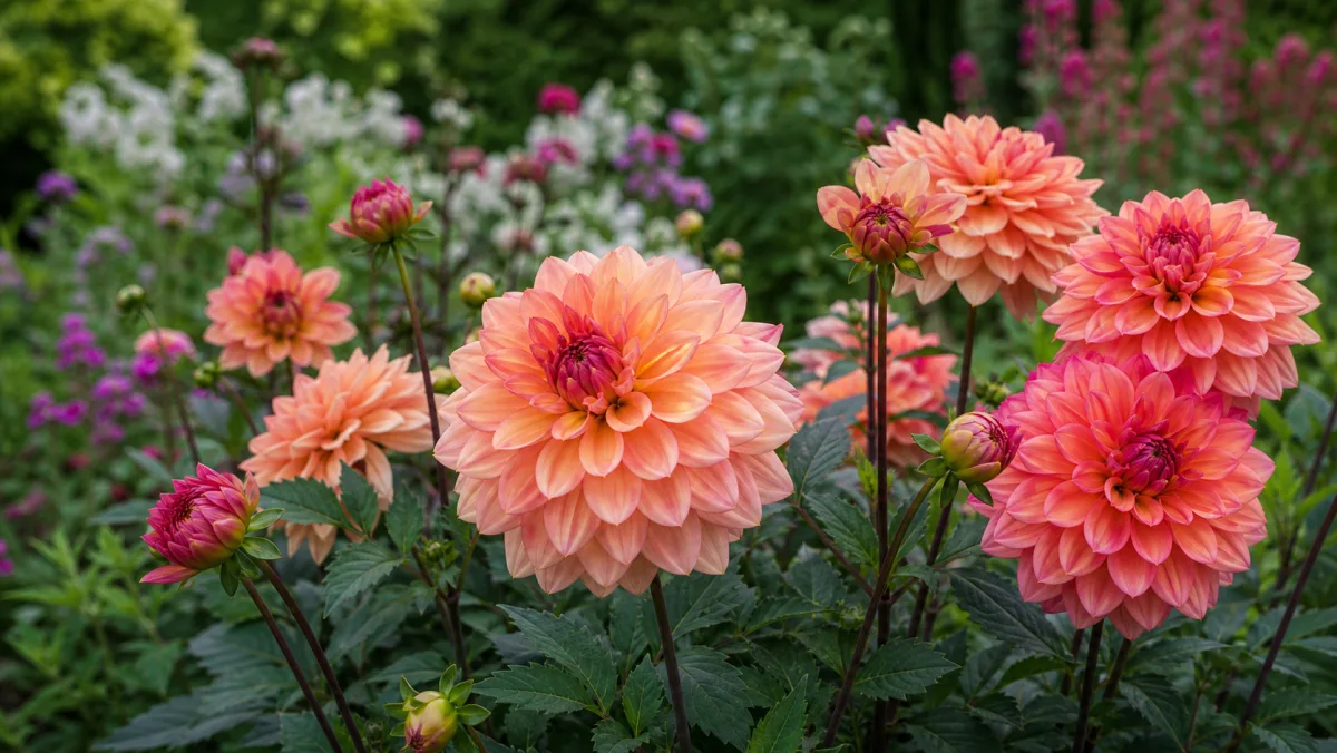 Dahlia 'American Dawn' toimituksellisena puutarhakuvituksena suomalaisessa puutarhaympäristössä