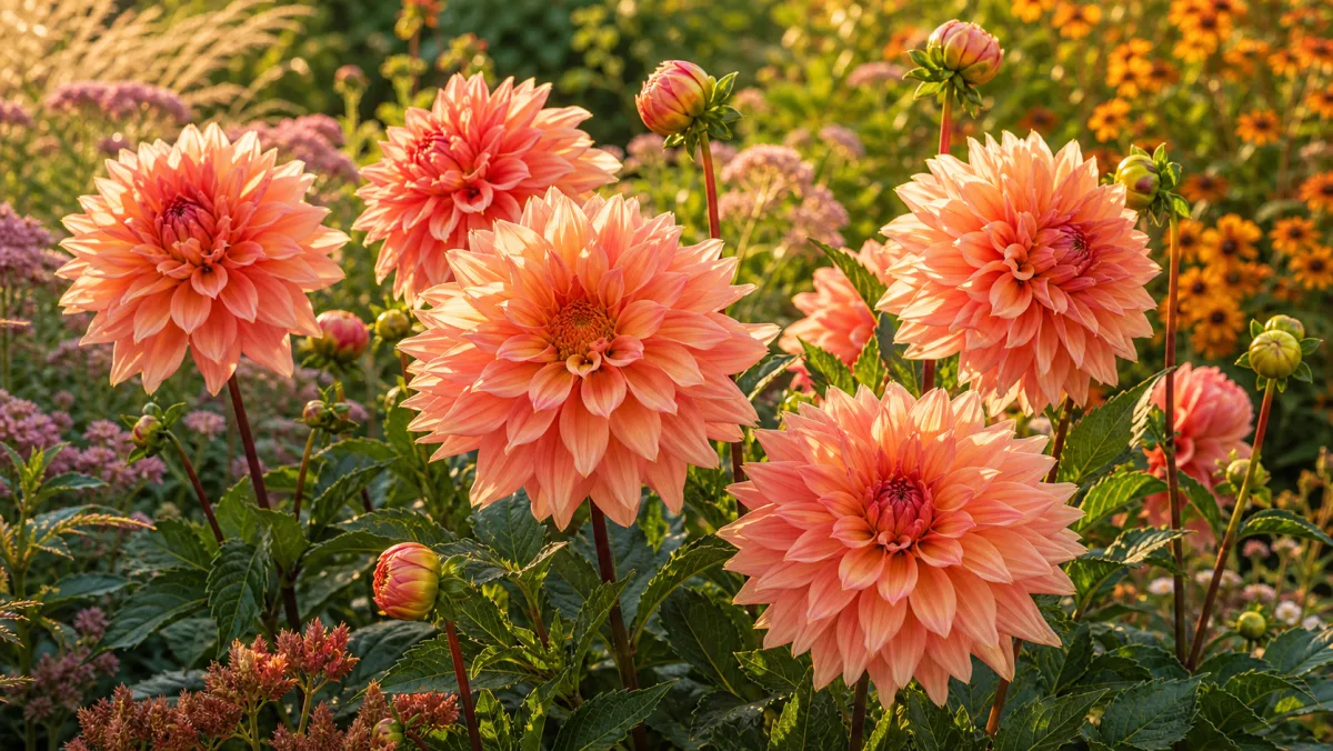 Dahlia 'Belle of Barmera' toimituksellisena puutarhakuvituksena suomalaisessa puutarhaympäristössä