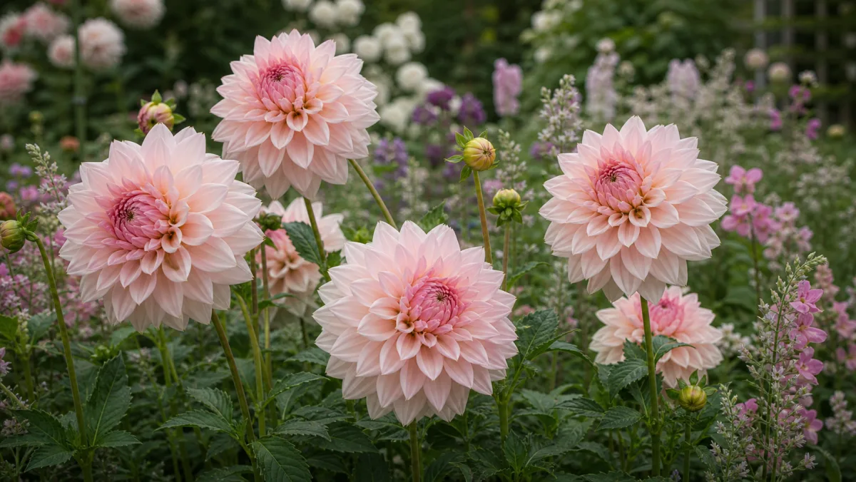 Dahlia 'Café au Lait Rose' toimituksellisena puutarhakuvituksena suomalaisessa puutarhaympäristössä