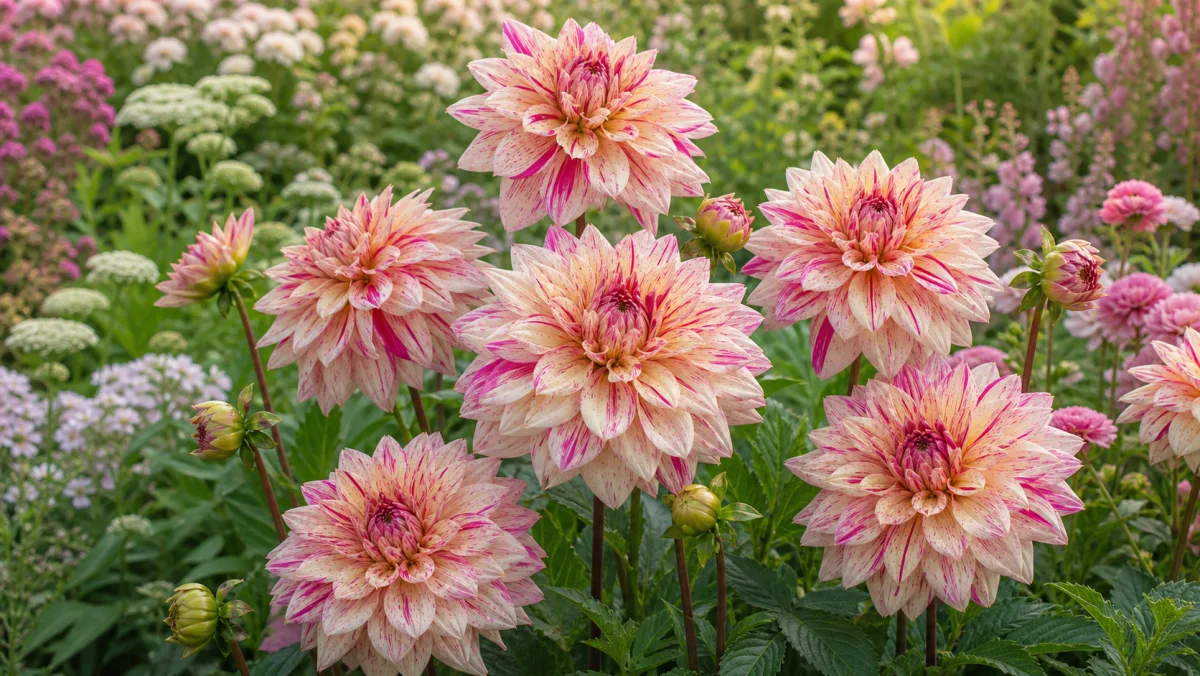Dahlia 'Café au Lait Twist' toimituksellisena puutarhakuvituksena suomalaisessa puutarhaympäristössä