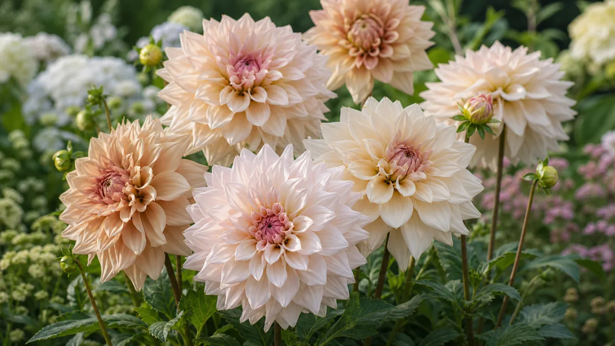 Dahlia 'Café au Lait' toimituksellisena puutarhakuvituksena suomalaisessa puutarhaympäristössä