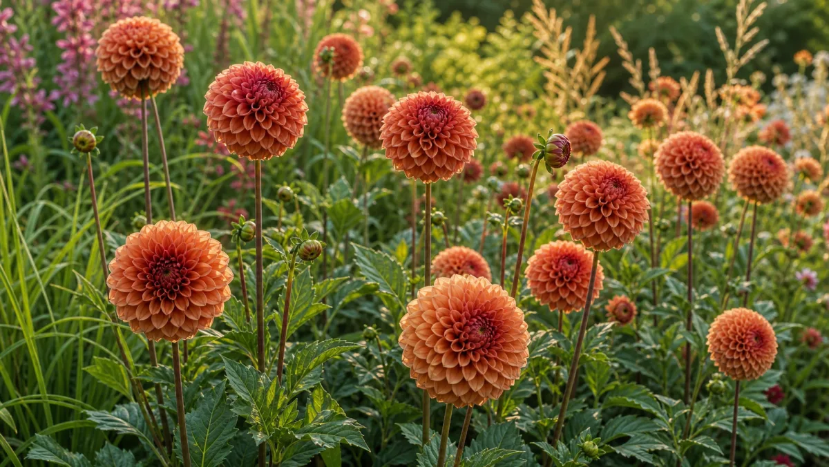 Dahlia 'Cornel Brons' toimituksellisena puutarhakuvituksena suomalaisessa puutarhaympäristössä