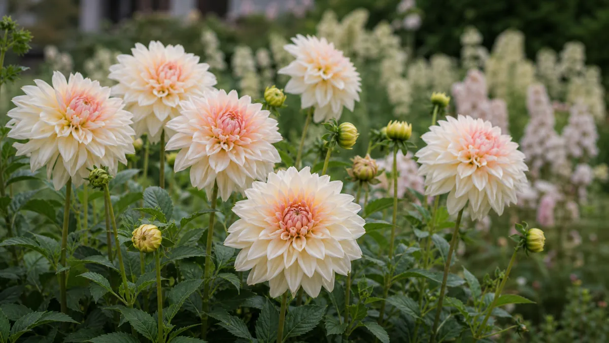Dahlia 'Diana's Memory' toimituksellisena puutarhakuvituksena suomalaisessa puutarhaympäristössä