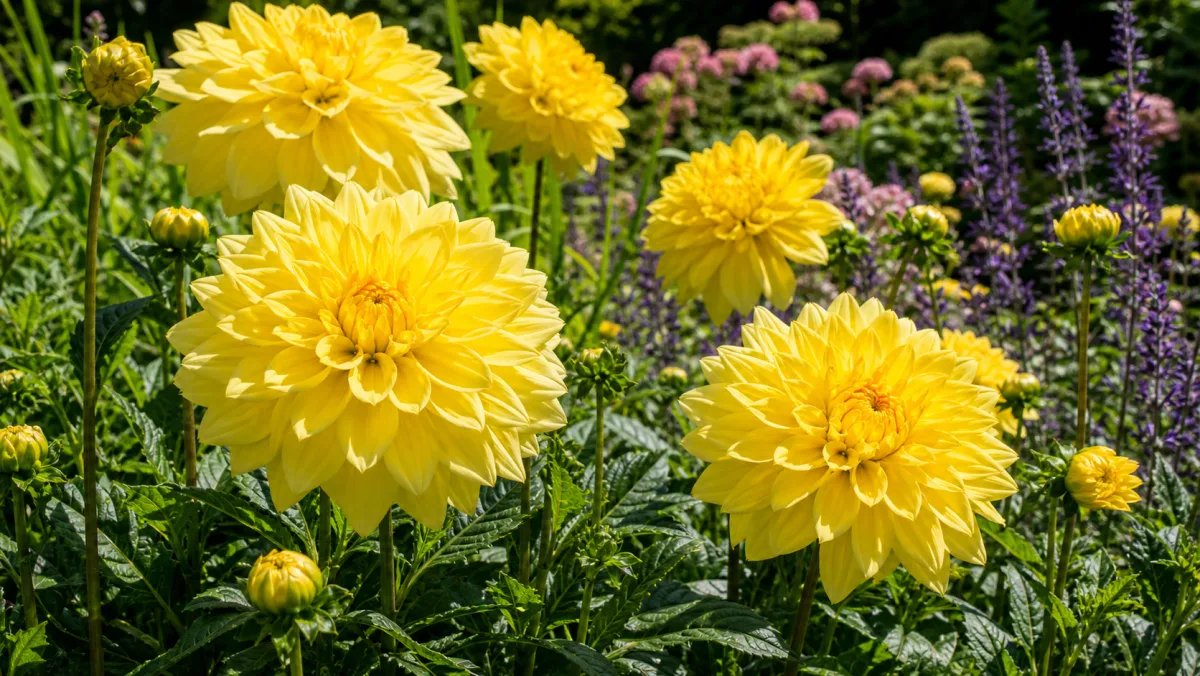 Dahlia 'Fairway Spur' toimituksellisena puutarhakuvituksena suomalaisessa puutarhaympäristössä