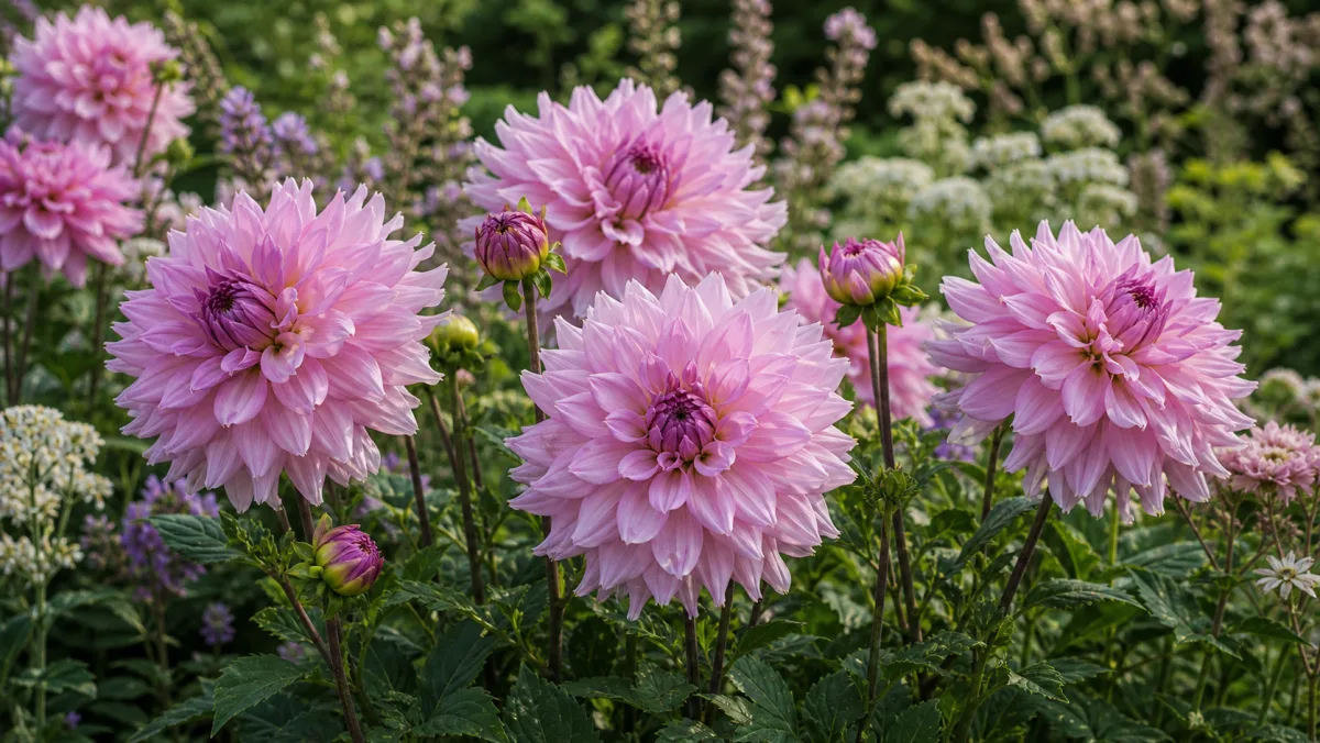 Dahlia 'Lavender Perfection' toimituksellisena puutarhakuvituksena suomalaisessa puutarhaympäristössä