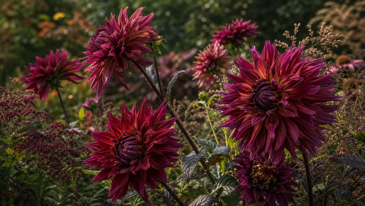 Dahlia 'Penhill Dark Monarch' toimituksellisena puutarhakuvituksena suomalaisessa puutarhaympäristössä