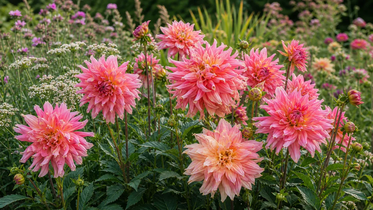 Dahlia 'Penhill Watermelon' toimituksellisena puutarhakuvituksena suomalaisessa puutarhaympäristössä