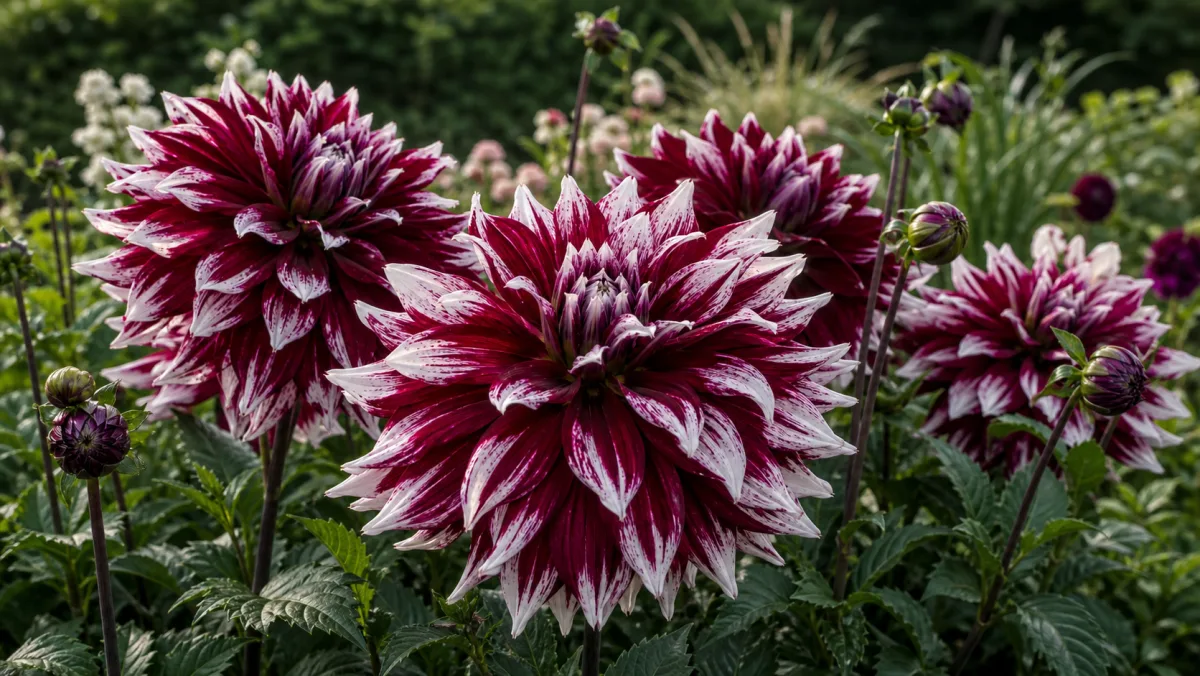Dahlia 'Tartan' toimituksellisena puutarhakuvituksena suomalaisessa puutarhaympäristössä