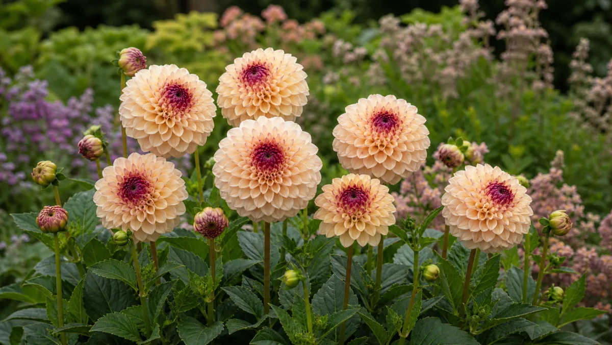 Dahlia 'Wine Eyed Jill' toimituksellisena puutarhakuvituksena suomalaisessa puutarhaympäristössä