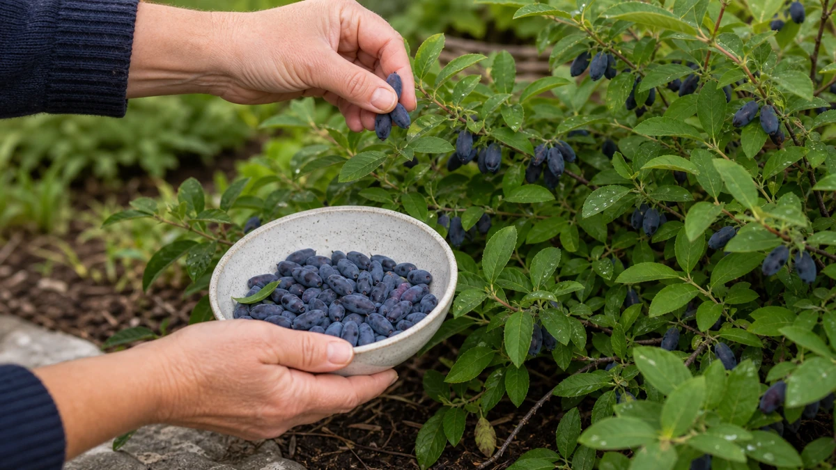 Kypsiä hunajamarjoja pienessä kulhossa sadonkorjuun jälkeen